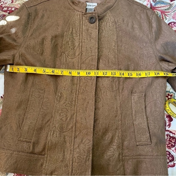 Chico’s Jacket Boxy Muted Leaf Print in Latte Brown w/ Metallic Gold Sheen Sz M - Picture 9 of 11